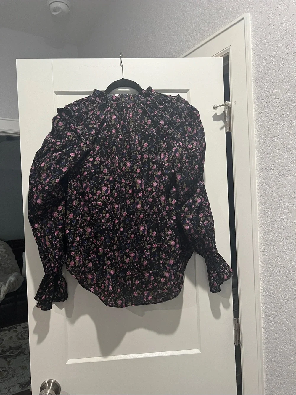 Free People Black Blouse with Purple & Pink Floral Print